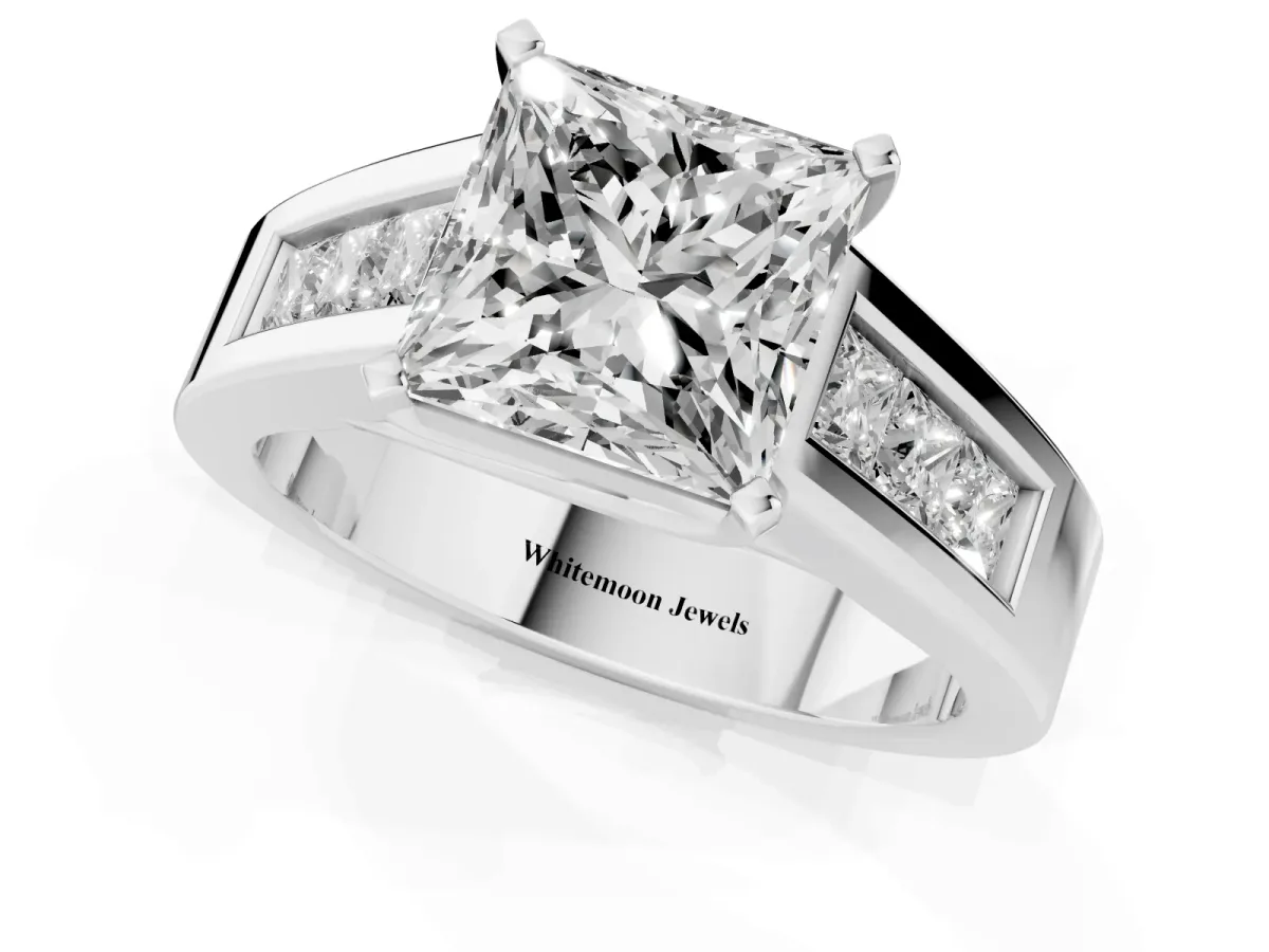 Princess Cut Cut Channel Set Solitaire Ring with Four-Prong Setting Silver