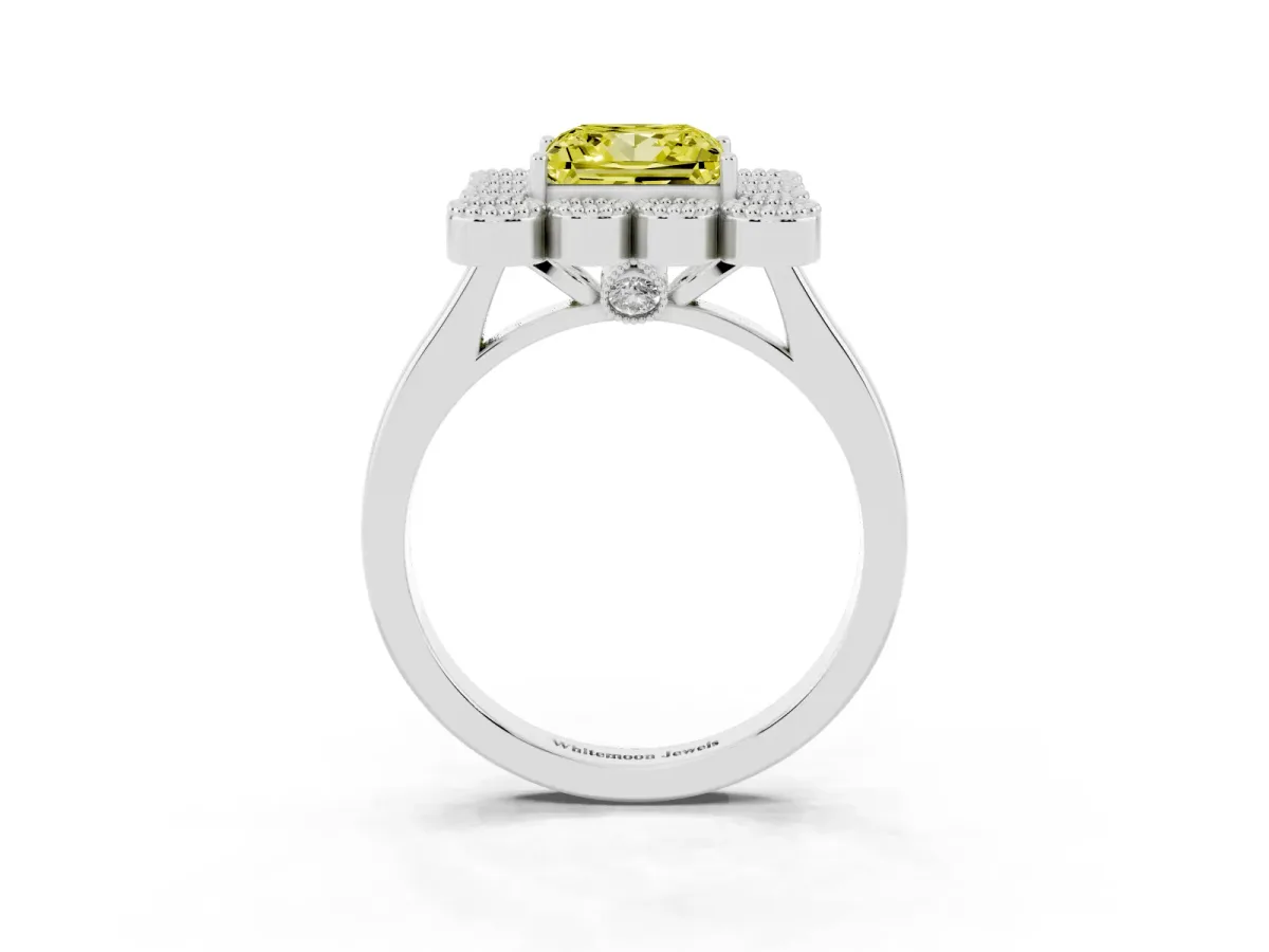 Fancy Yellow Princess Cut Halo Diamond Cluster Engagement Ring with Milgrain Bezel Setting and Solitaire Band Silver