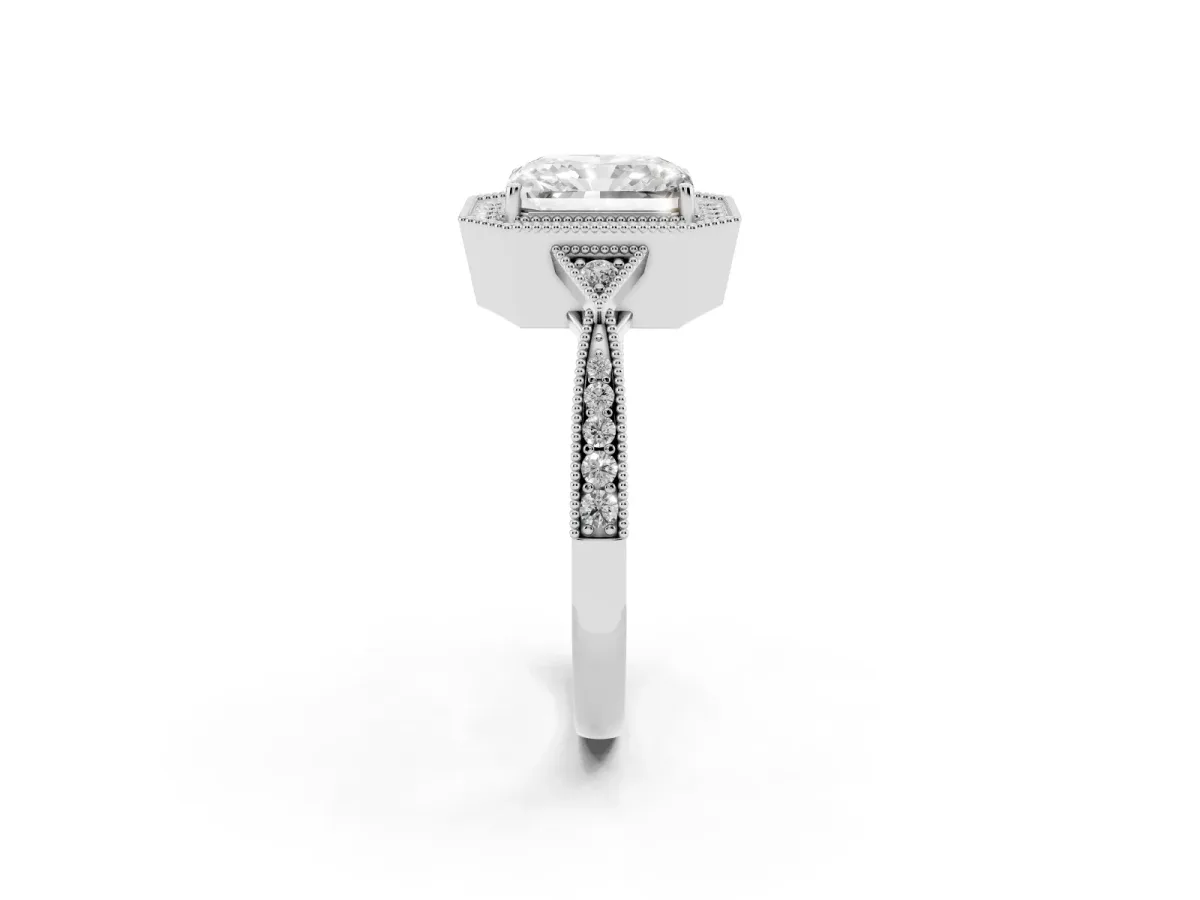 Radiant Cut Halo Round Diamond Milgrain Pave Engagement Ring Silver