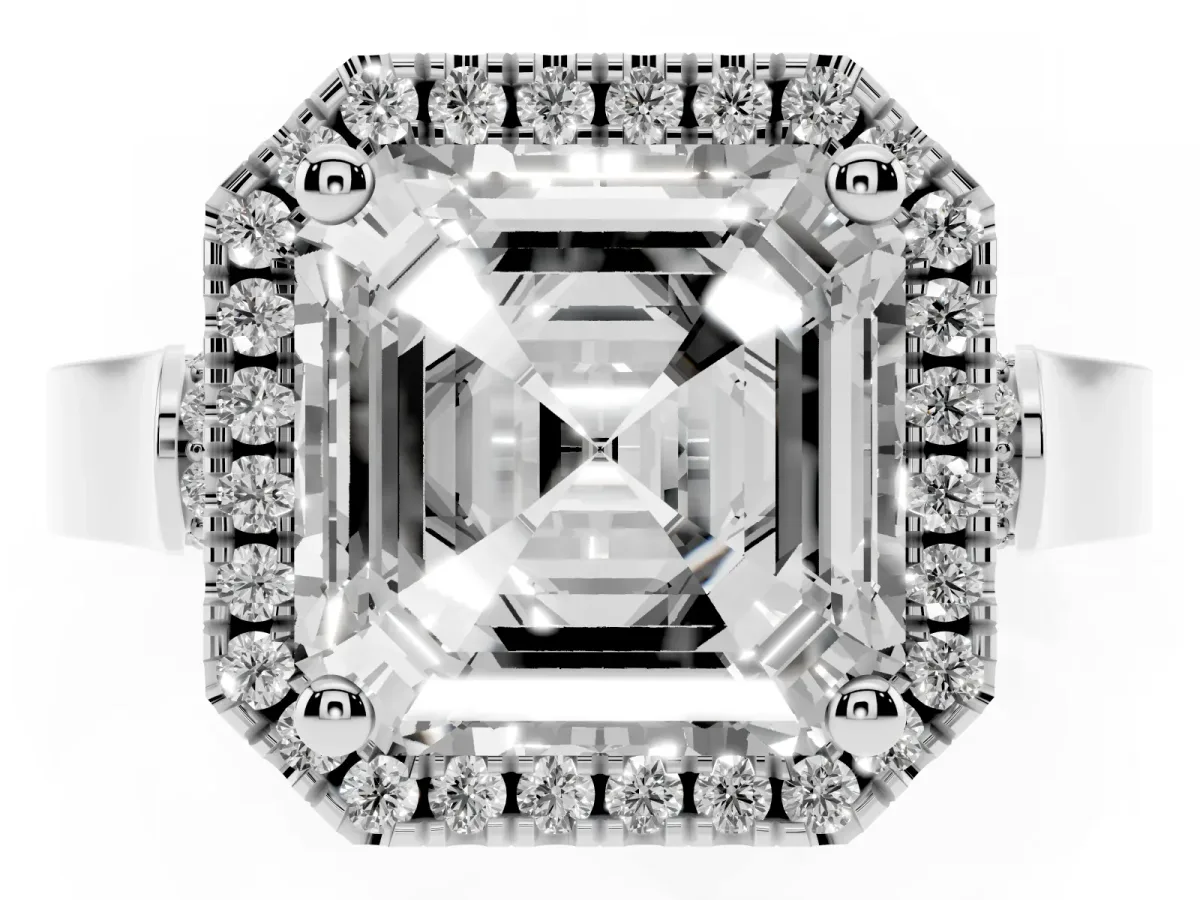 Asscher Cut Halo Pave Split Shank Prong Setting Ring Silver