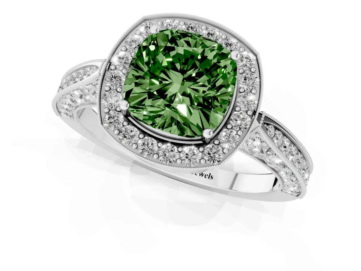 Fancy Green Cushion Cut Halo Diamond Engagement Ring with Split Shank Band and Four-Prong Setting Silver
