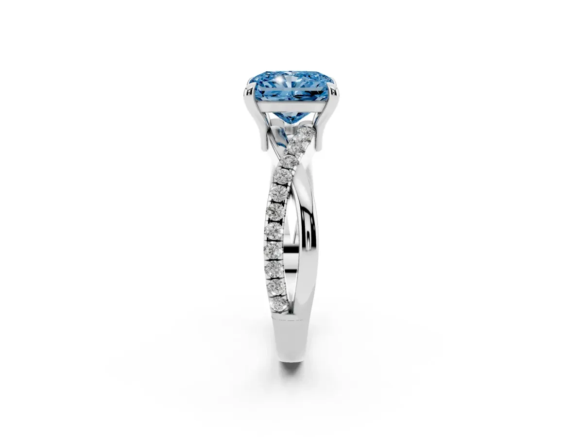 Fancy Blue Radiant Cut Cut Diamond Twist Band Solitaire with Prong Setting Silver