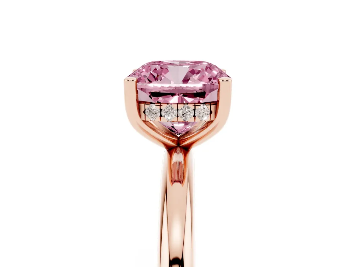 Fancy Pink Cushion Cut Cut Solitaire Engagement Ring with Four-Prong Setting and Classic Band Rose gold