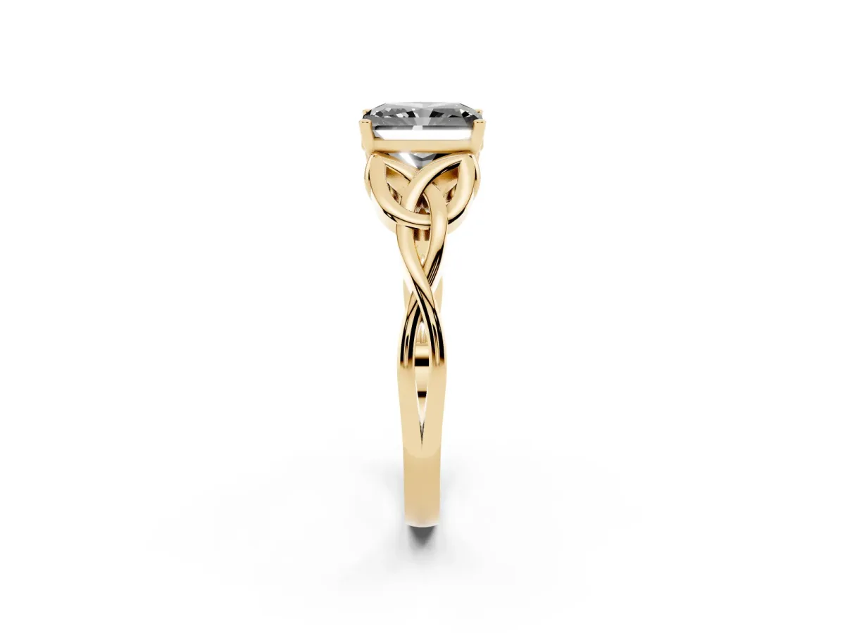 Fancy Black Radiant Cut Diamond Solitaire Engagement Ring with Celtic Knot Band and Four-Prong Setting Yellow gold