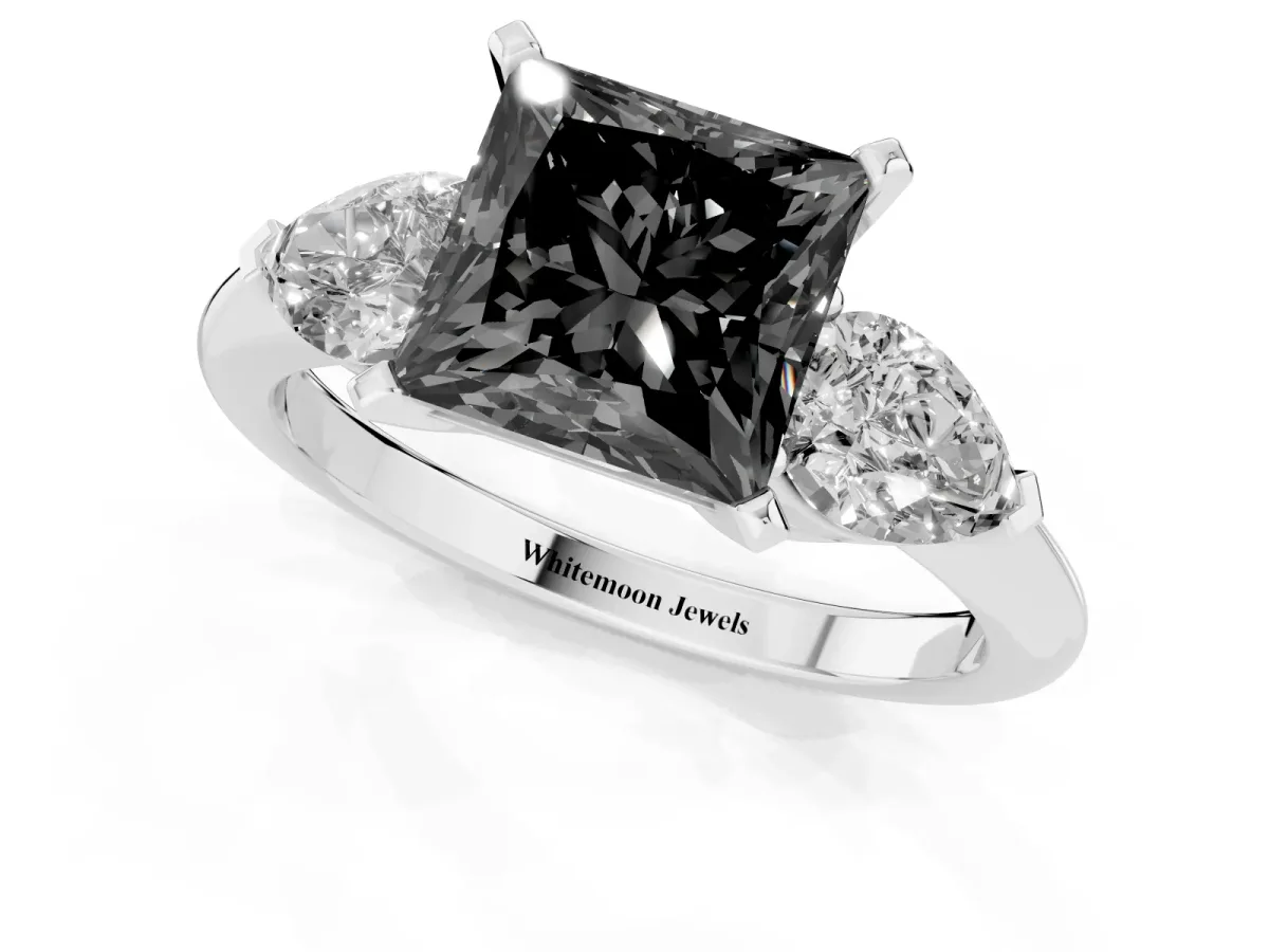 Fancy Black Three-Stone Princess Cut Diamond Ring with Pear Side Stones and Four-Prong Setting Silver