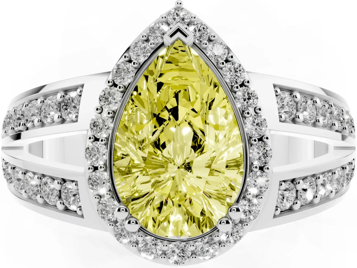 Fancy Yellow Pear Cut Diamond Halo Ring with Split Shank Pavé Band and Four-Prong Setting Platinum