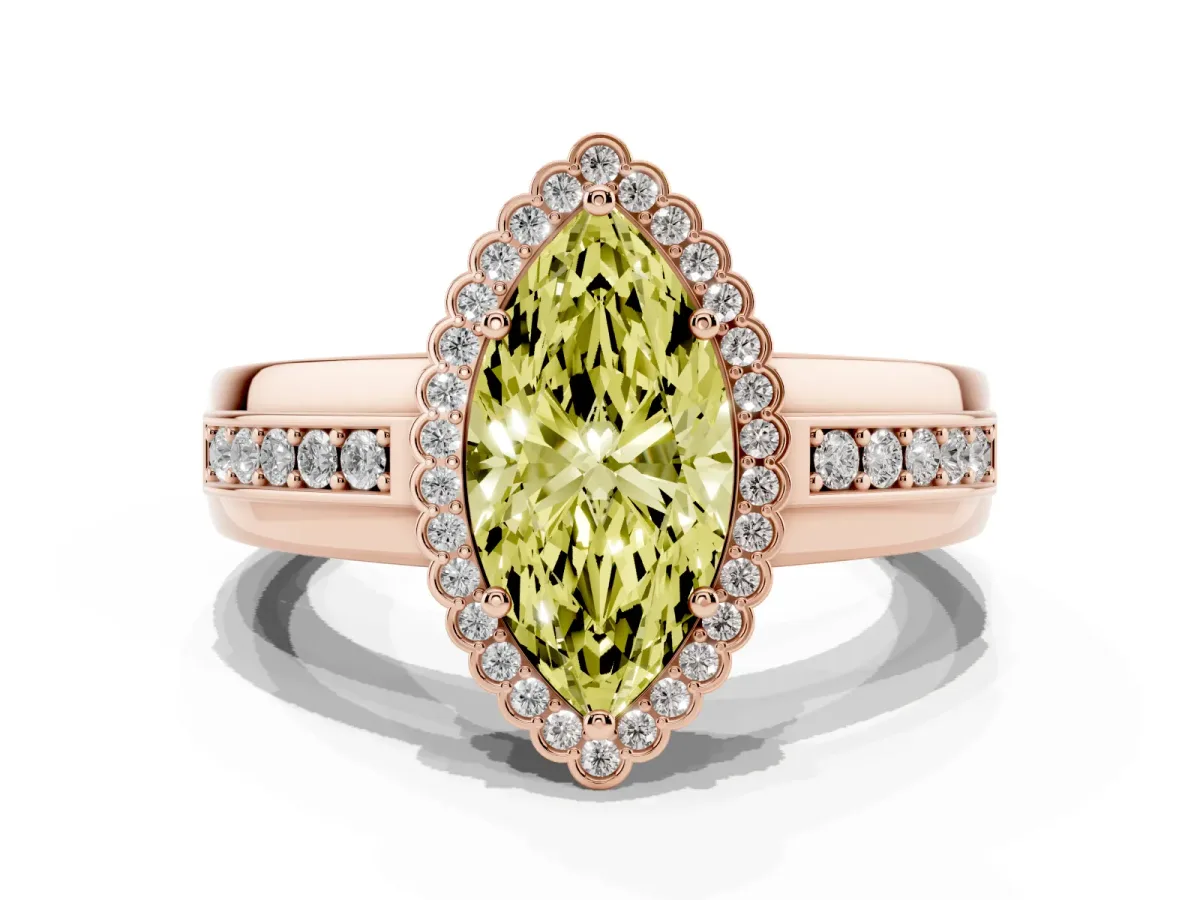 Fancy Yellow Marquise Cut Cut Halo Pave Band Four-Prong Ring Rose gold
