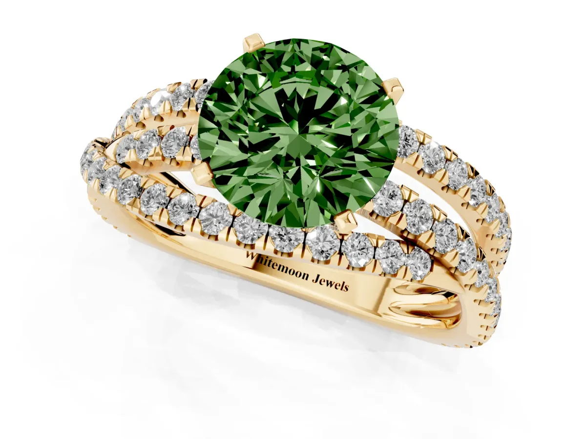 Fancy Green Round Cut Solitaire Twist Band with Pavé Setting and Four-Prong Setting Yellow gold