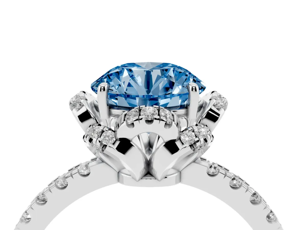 Fancy Blue Round Cut Halo Diamond Pave Band Ring with Four-Prong Setting Silver