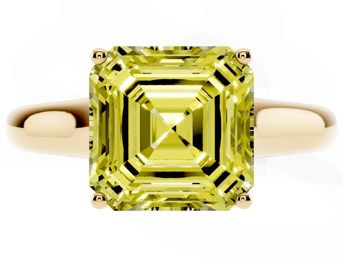 Fancy Yellow Asscher Cut Solitaire Engagement Ring with Tapered Band and Four-Prong Setting Yellow gold