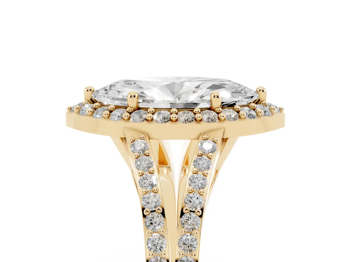 Marquise Cut Halo Split Shank Diamond Ring with Prong Setting Yellow gold