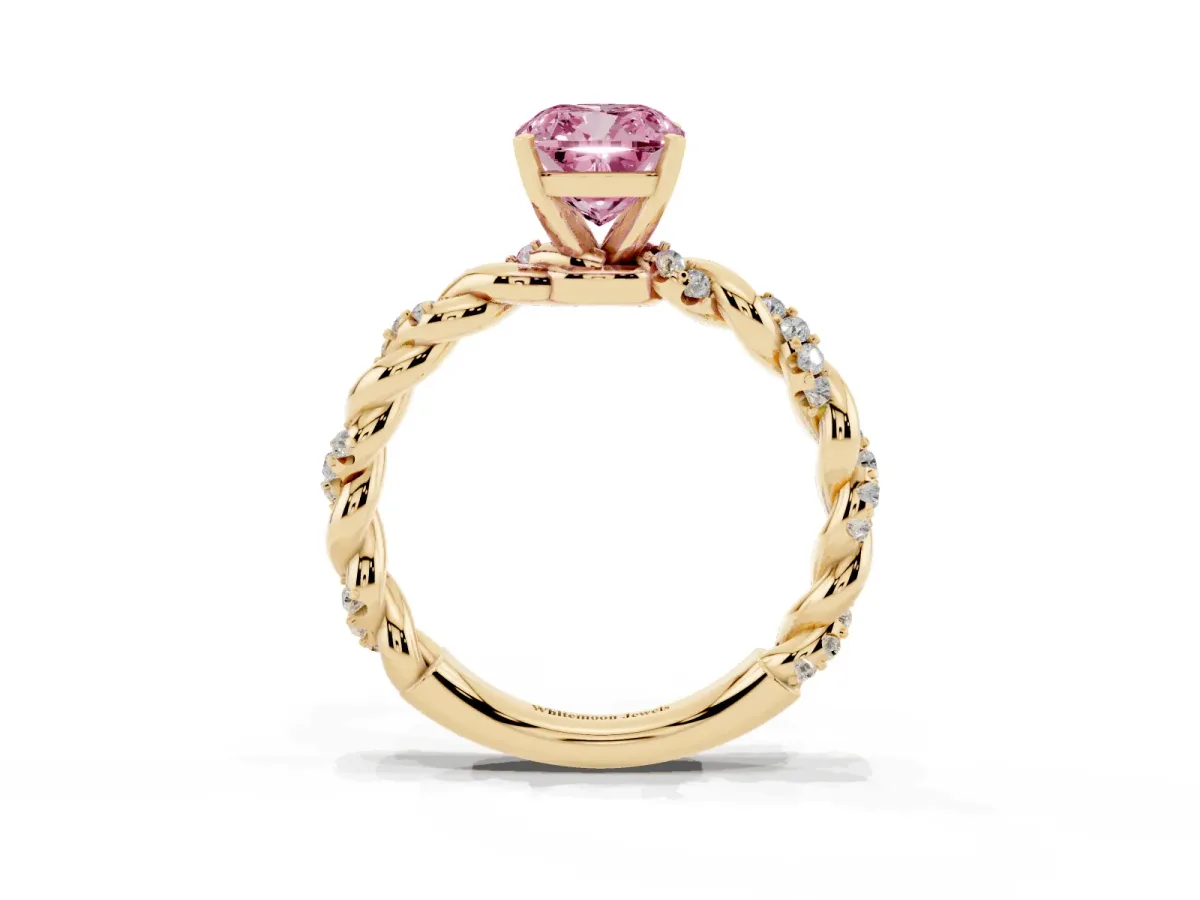 Fancy Pink Cushion Cut Diamond Solitaire Ring with Twisted Band and Pavé Accents Yellow gold