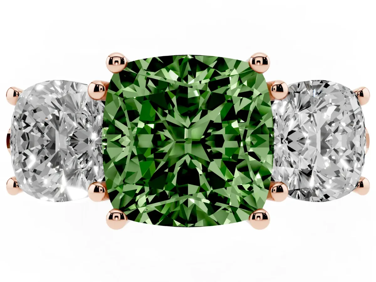 Fancy Green Three-Stone Cushion Cut Diamond Ring with Round Pavé Band and Prong Setting Rose gold