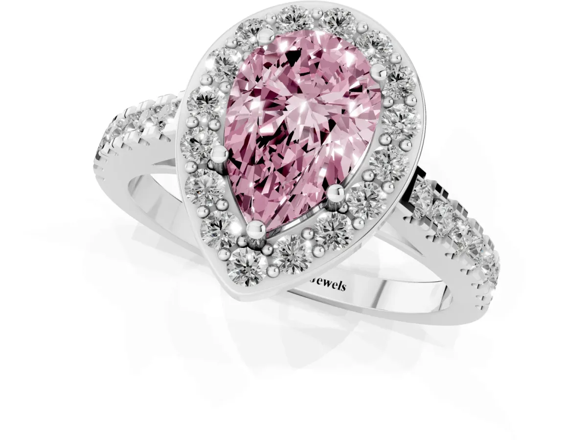 Fancy Pink Pear Cut Diamond Halo Ring with Round Pavé Split Shank and Prong Setting Silver