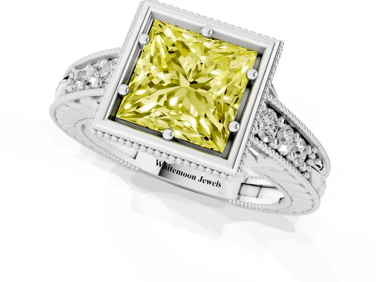 Fancy Yellow Bezel Set Princess Cut Diamond Milgrain Pave Engagement Ring Silver