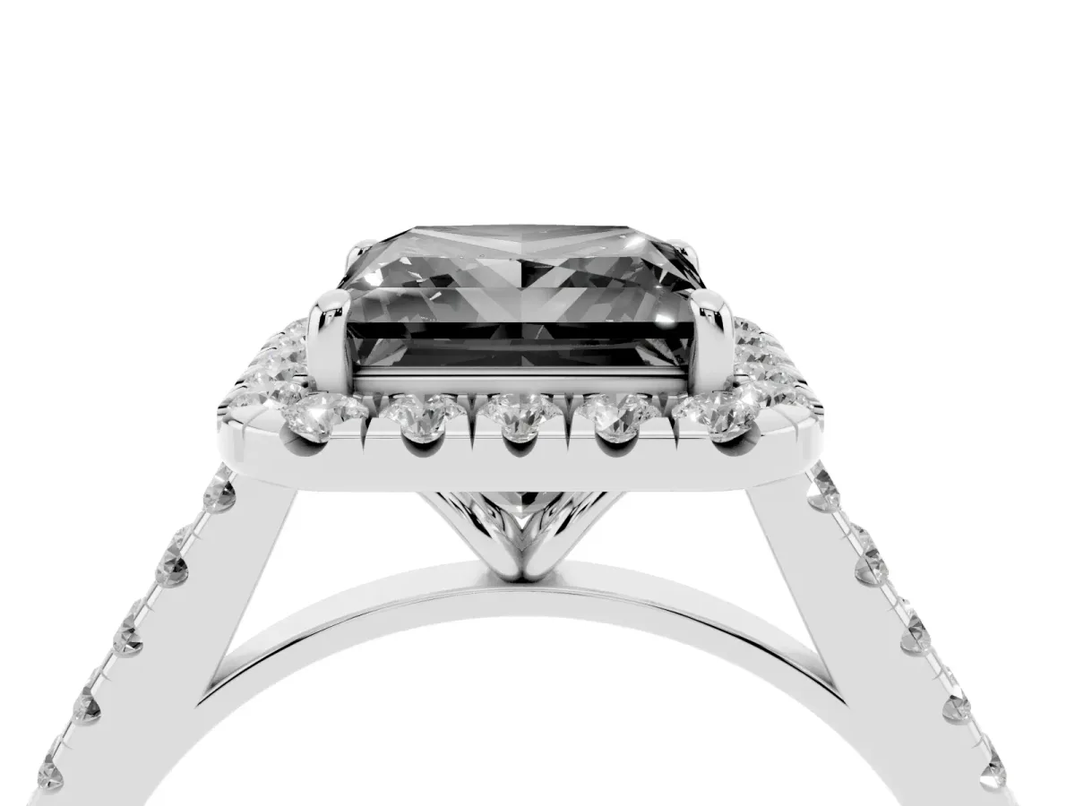 Fancy Black Princess Cut Halo Pave Diamond Engagement Ring with Four-Prong Setting Platinum