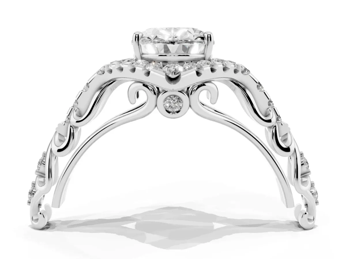 Oval Cut Diamond Solitaire Ring with Hidden Halo and Pavé Band Silver