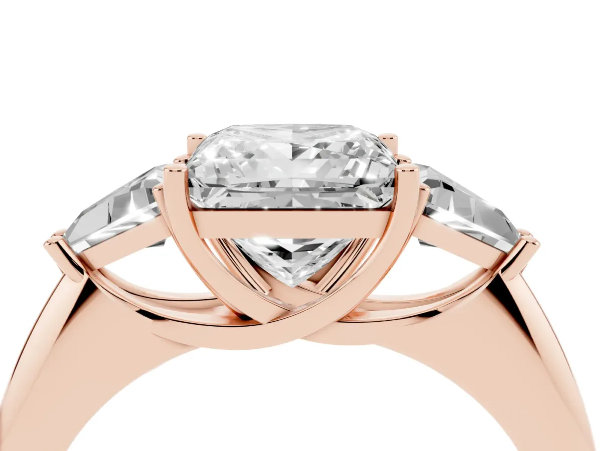 Three-Stone Princess Cut Diamond Engagement Ring with Trillion Side Stones and Prong Setting Rose gold