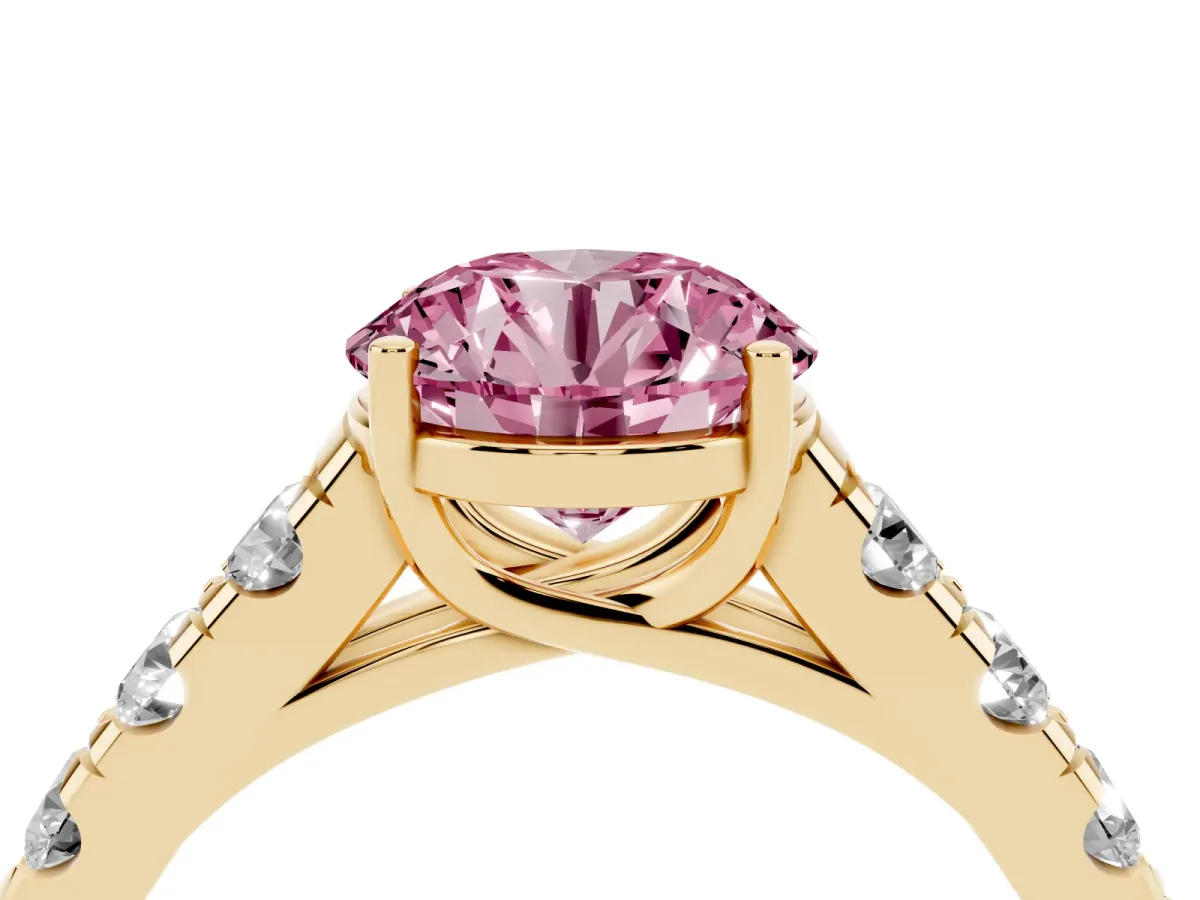 Fancy Pink Round Cut Cut Diamond Solitaire Ring with Micro Pave Band and Prong Setting Yellow gold