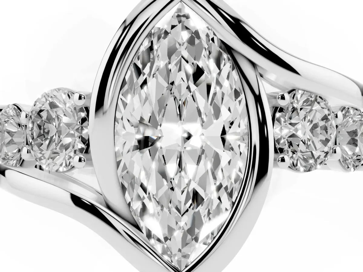 Bezel Set Marquise Cut Diamond Bypass Ring with Round Accents Silver