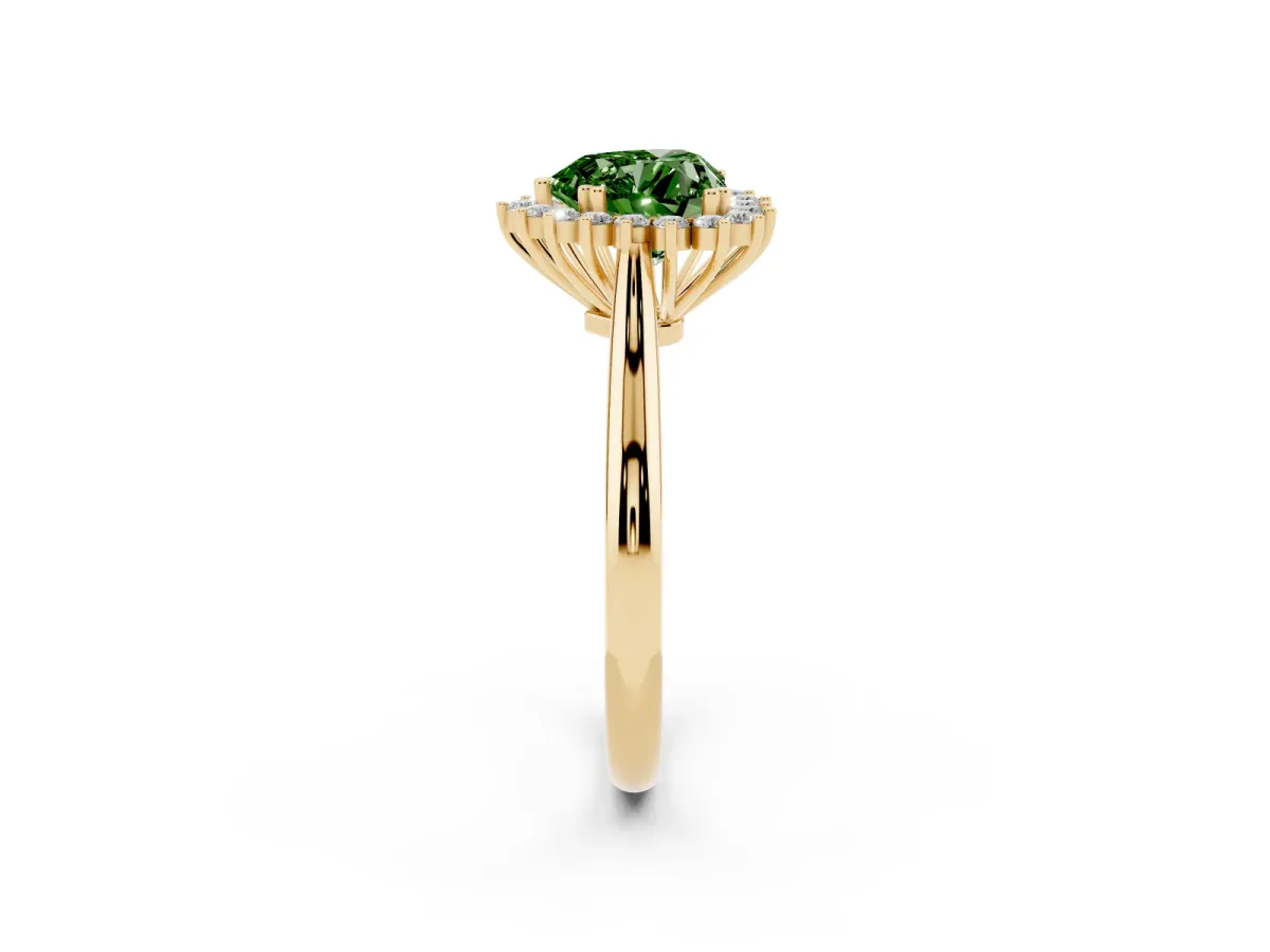 Fancy Green Heart Cut Cut Diamond Halo Ring with Solitaire Band and Prong Setting Yellow gold