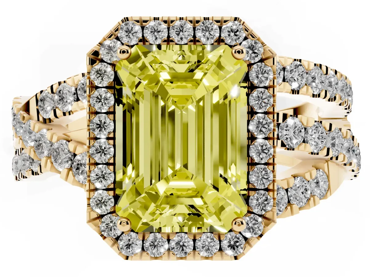 Fancy Yellow Emerald Cut Diamond Halo Ring with Round Split Shank and Prong Setting Yellow gold