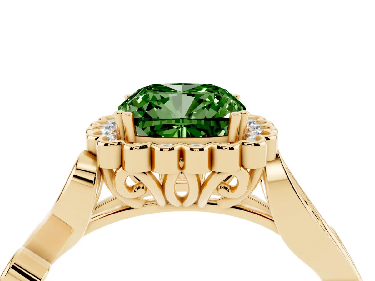 Fancy Green Cushion Cut Diamond Halo Ring with Vintage Split Shank and Four-Prong Setting Yellow gold