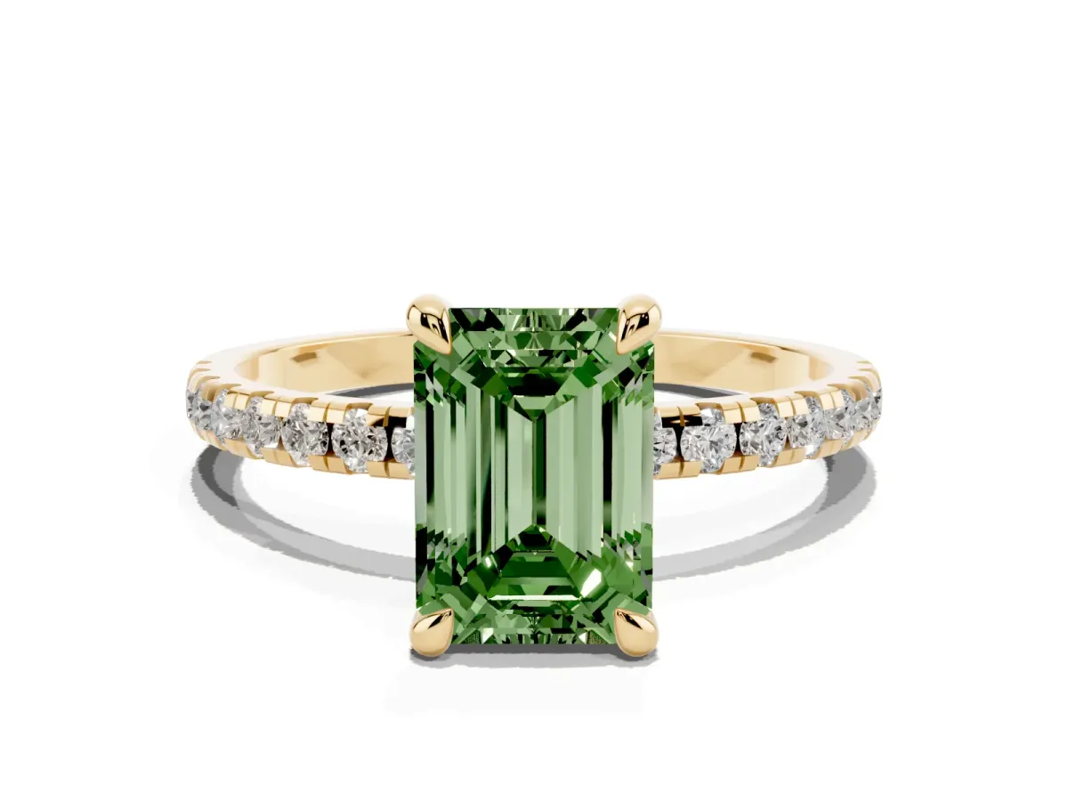 Fancy Green Emerald Cut Diamond Brilliant Solitaire Ring with Pavé Band and Four-Prong Setting Yellow gold