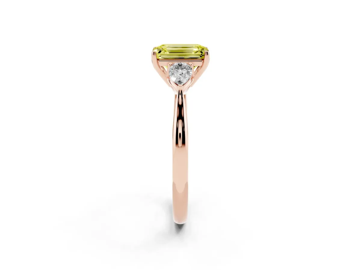 Fancy Yellow Emerald Cut Diamond Three-Stone Ring with Pear Side Stones and Prong Setting Rose gold