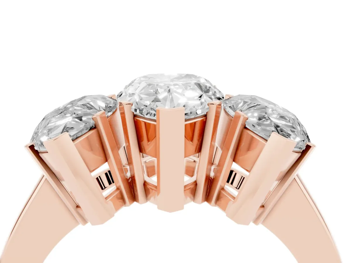 Three-Stone Pear Cut Cut Diamond Ring with Channel Set Band and Four-Prong Setting Rose gold