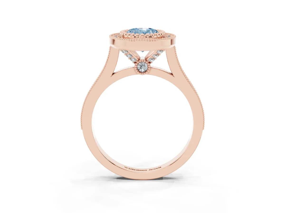Fancy Blue Oval Cut Diamond Halo Ring with Milgrain Frame and Pavé Band Rose gold