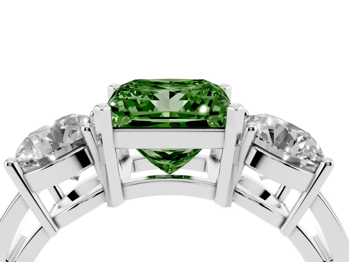Fancy Green Three-Stone Princess Cut Diamond Ring with Round Side Stones, Classic Band, and Four-Prong Setting Silver