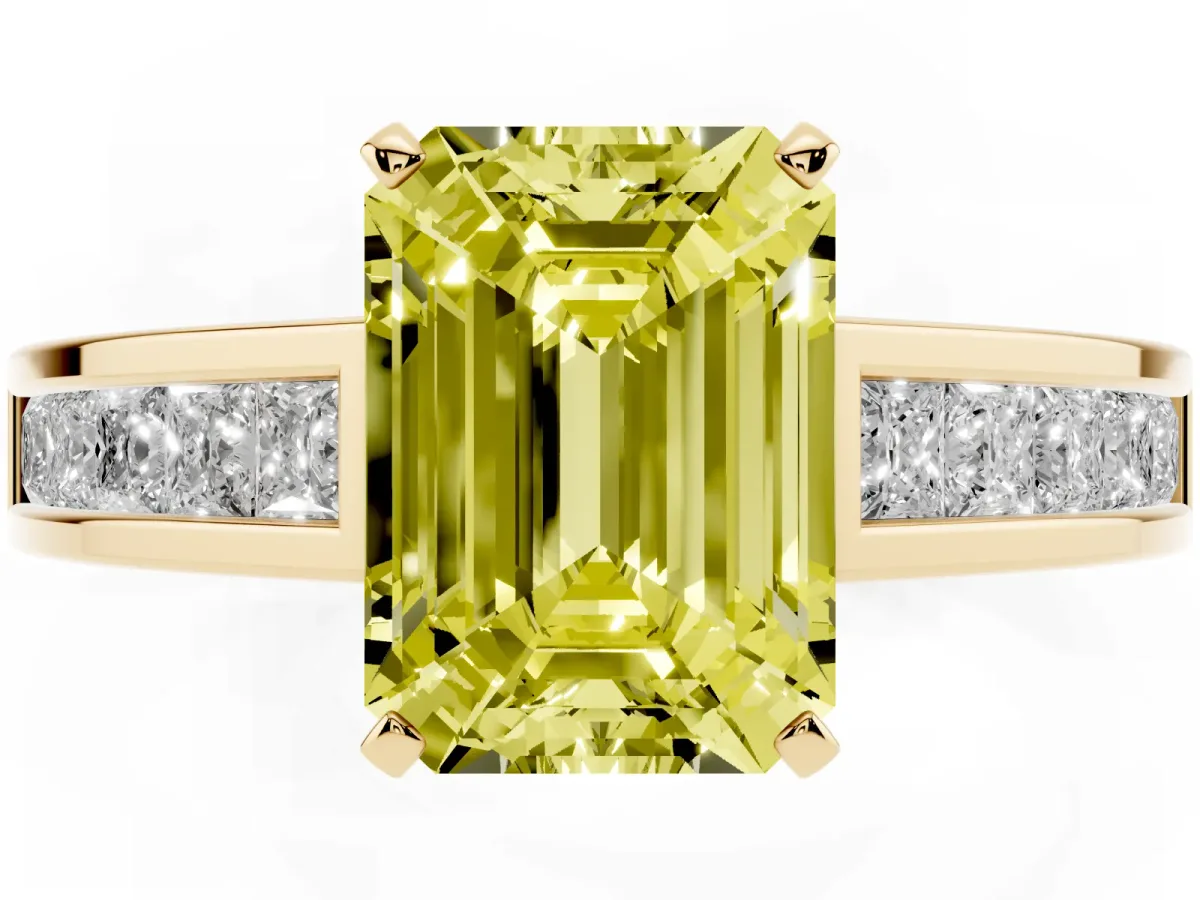 Fancy Yellow Emerald Cut Solitaire Diamond Ring with Channel-Set Band and Four-Prong Setting Yellow gold