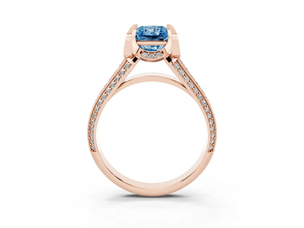 Fancy Blue Radiant Cut Solitaire Pave Split Shank Ring with Four-Prong Setting Rose gold