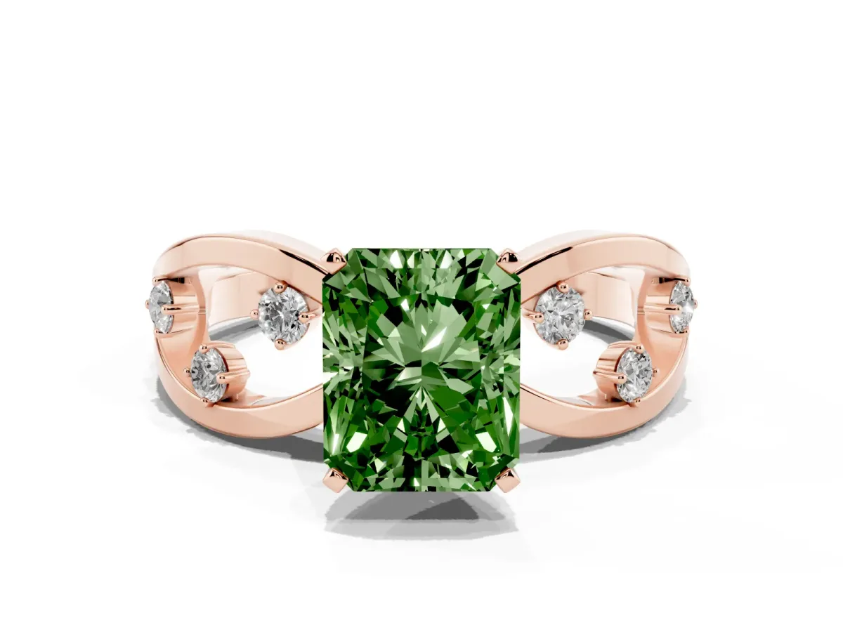 Fancy Green Radiant Cut Cut Solitaire Diamond with Side Stones on Criss-Cross Band and Four-Prong Setting Rose gold