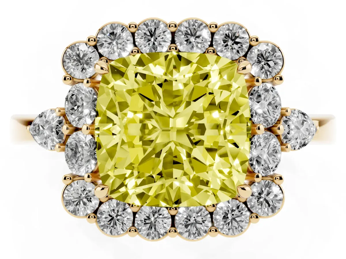 Fancy Yellow Cushion Cut Diamond Halo Ring with Pear Side Stones and Prong Setting Yellow gold