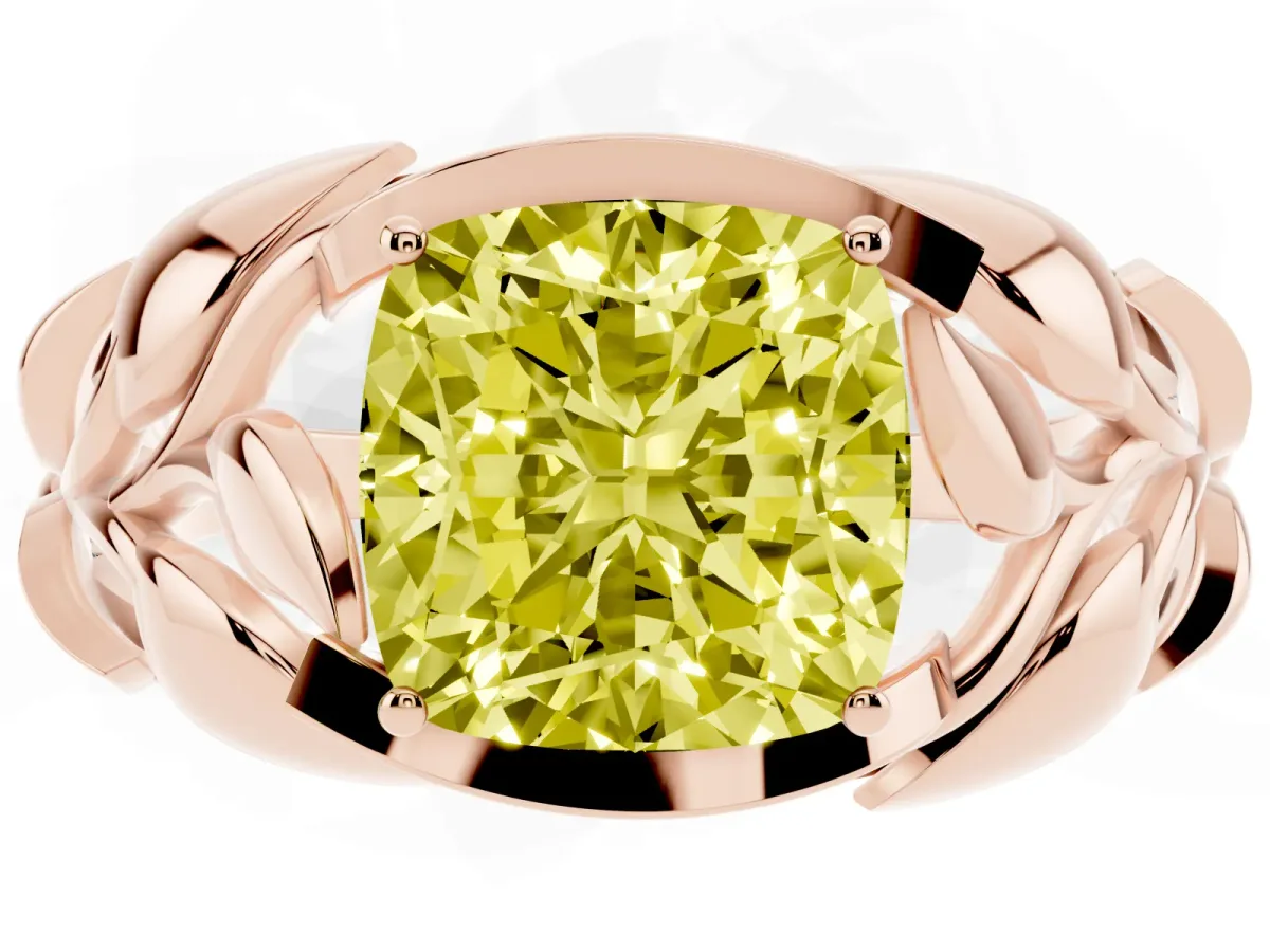Fancy Yellow Cushion Cut Diamond Leaf-Inspired Engagement Ring with Round Accents and Prong Setting Rose gold