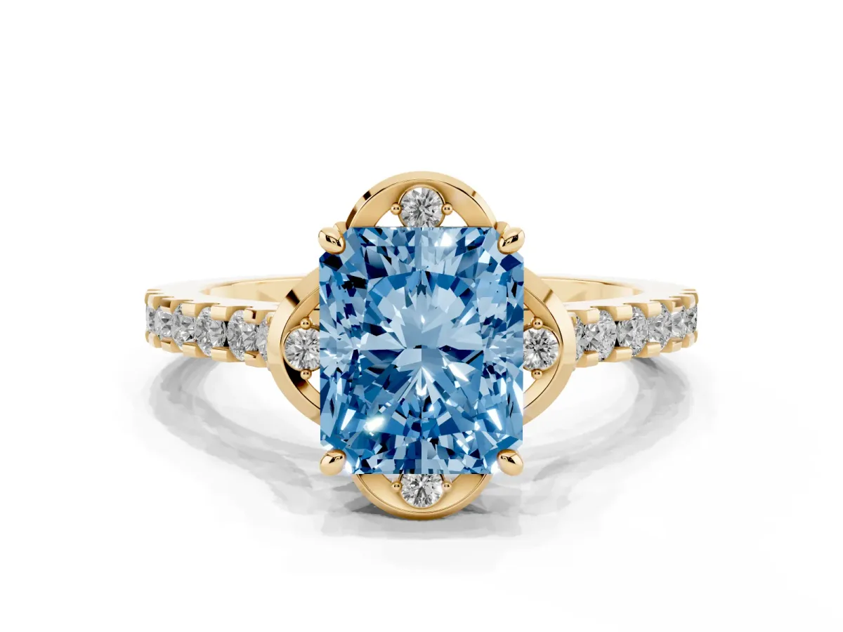 Fancy Blue Radiant Cut Diamond Ring with Pavé Band and Floral Prong Setting Yellow gold