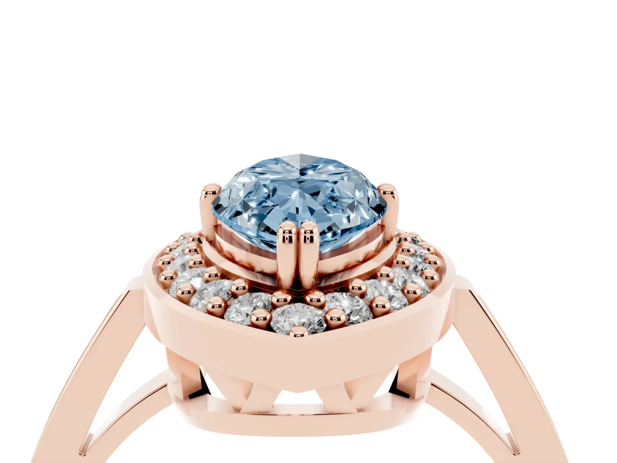 Fancy Blue Marquise Cut Diamond Halo Ring with Split Shank and Four-Prong Setting Rose gold