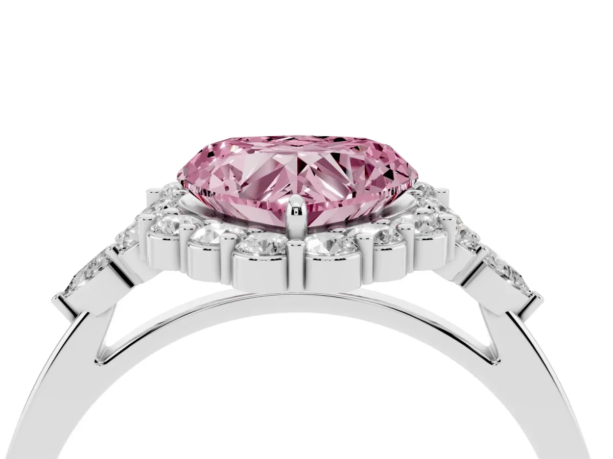 Fancy Pink Heart Cut Diamond Halo Ring with Pear Side Stones and Prong Setting Silver