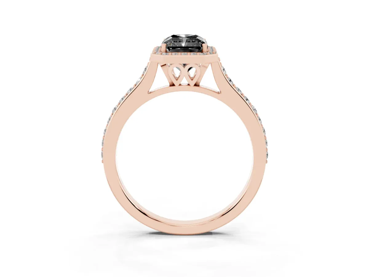Fancy Black Radiant Cut Diamond Halo Engagement Ring with Round Pavé Shoulders and Prong Setting Rose gold
