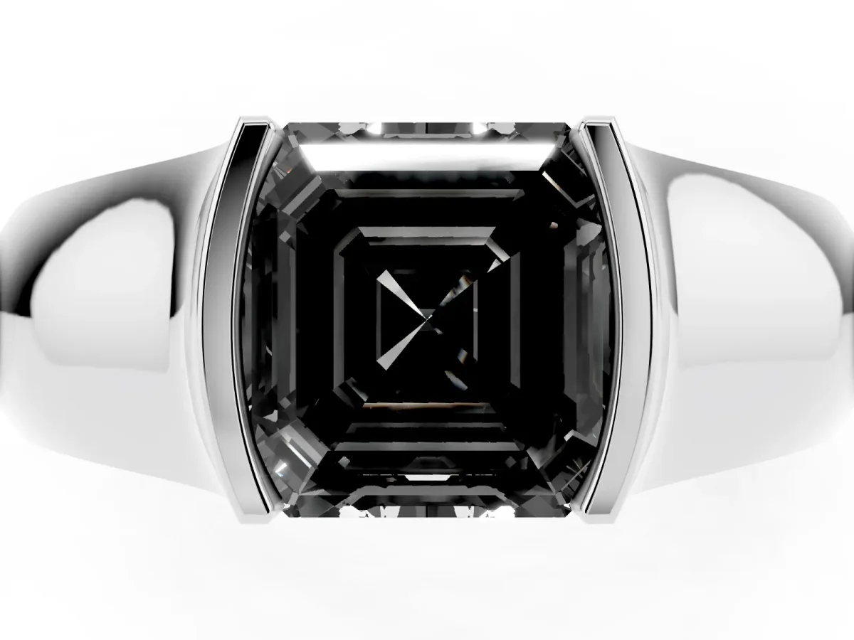 Fancy Black Asscher Cut Solitaire Bezel Set Diamond Ring with Wide Band Platinum