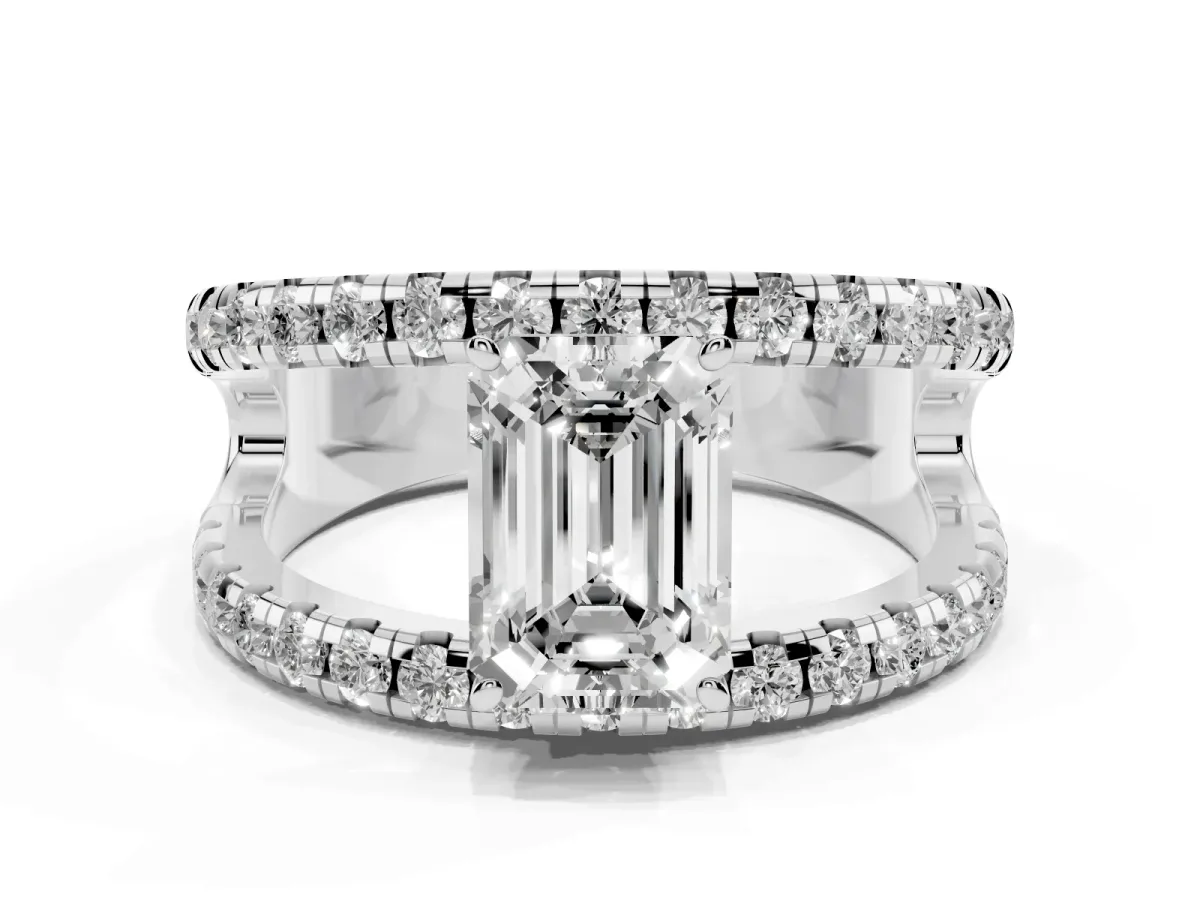 Emerald Cut Solitaire Split Shank Pave Diamond Ring Silver