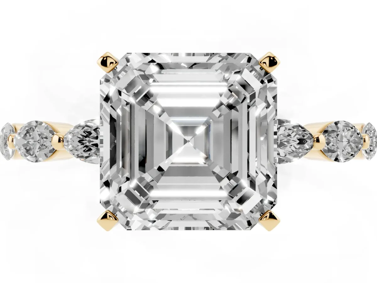 Asscher Cut Diamond Ring with Marquise Side Stones and Prong Setting Yellow gold