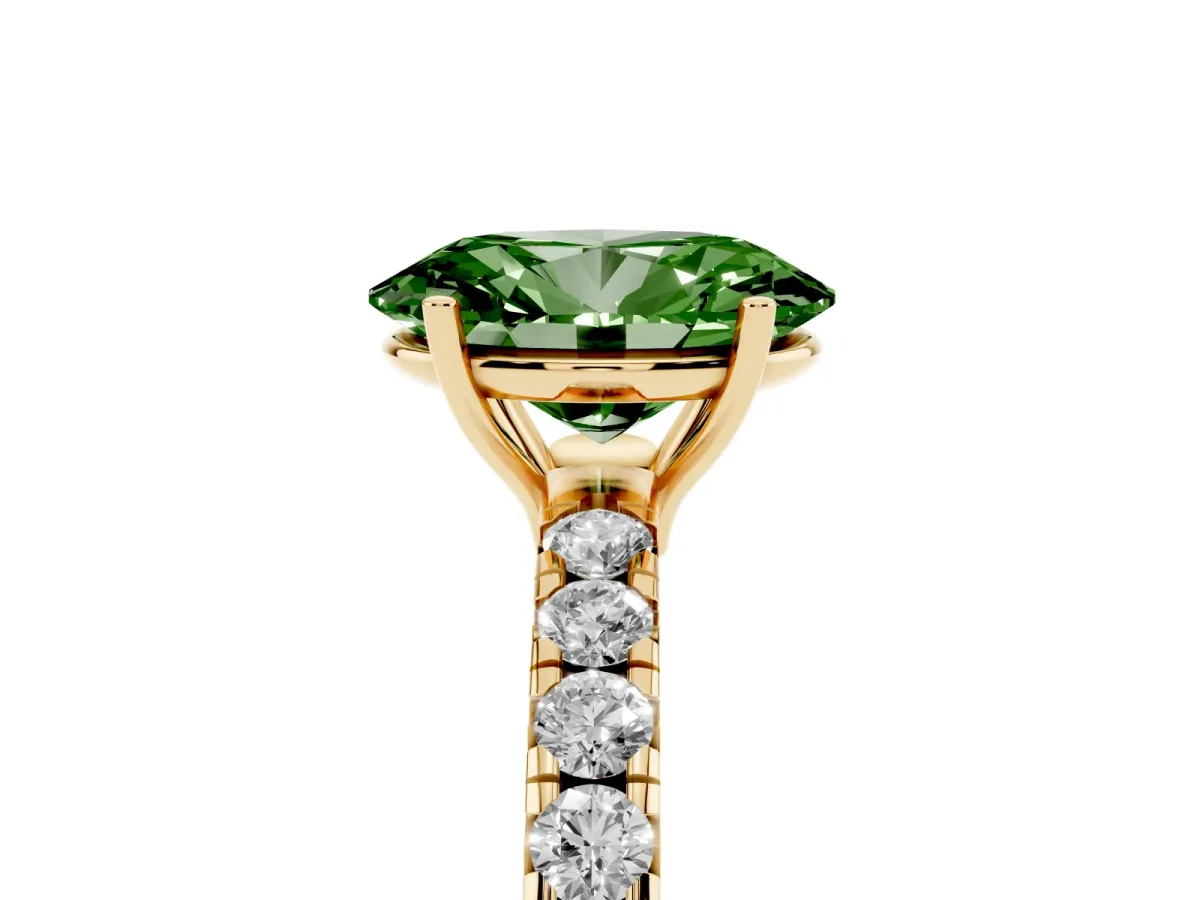 Fancy Green Oval Cut Diamond Pavé Solitaire Engagement Ring with Four-Prong Setting Yellow gold