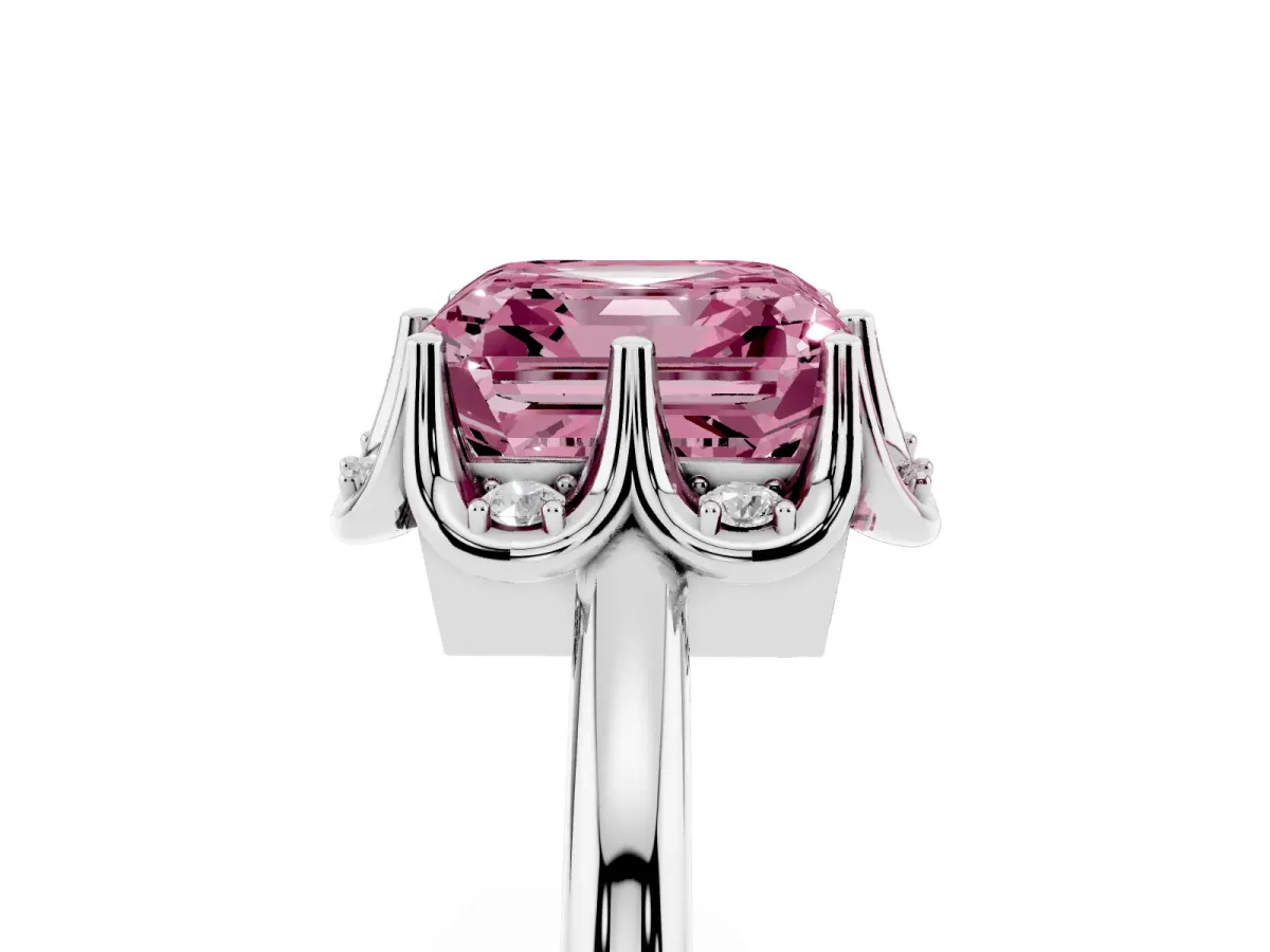 Fancy Pink Asscher Cut Halo Diamond Ring with Round Cluster Setting, Solitaire Band, and Four-Prong Setting Silver
