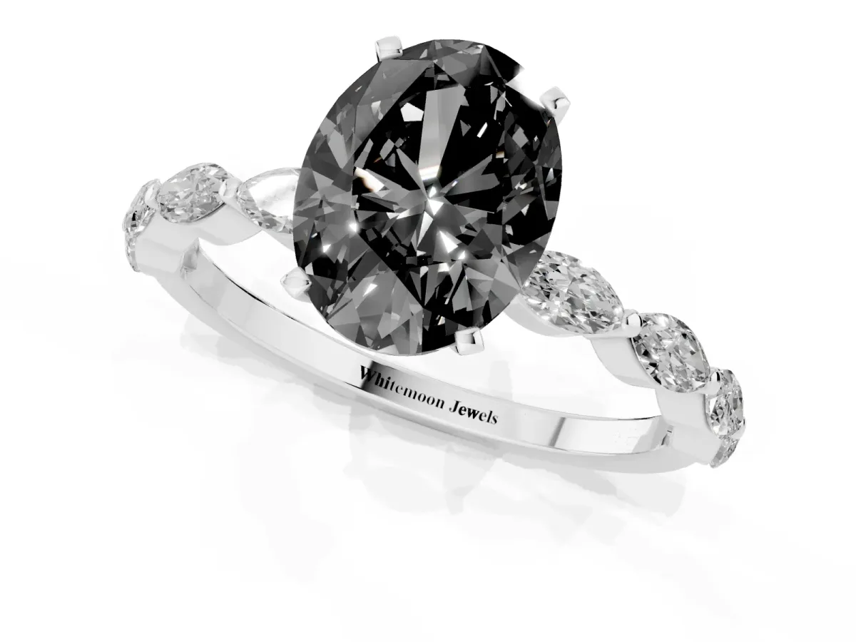 Fancy Black Oval Cut Diamond Ring with Marquise Side Stones and Prong Setting Silver