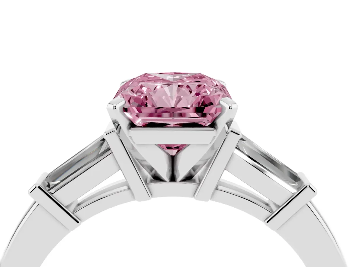 Fancy Pink Radiant Cut Cut Diamond Solitaire Ring with Tapered Baguette Accents and Four-Prong Setting White gold