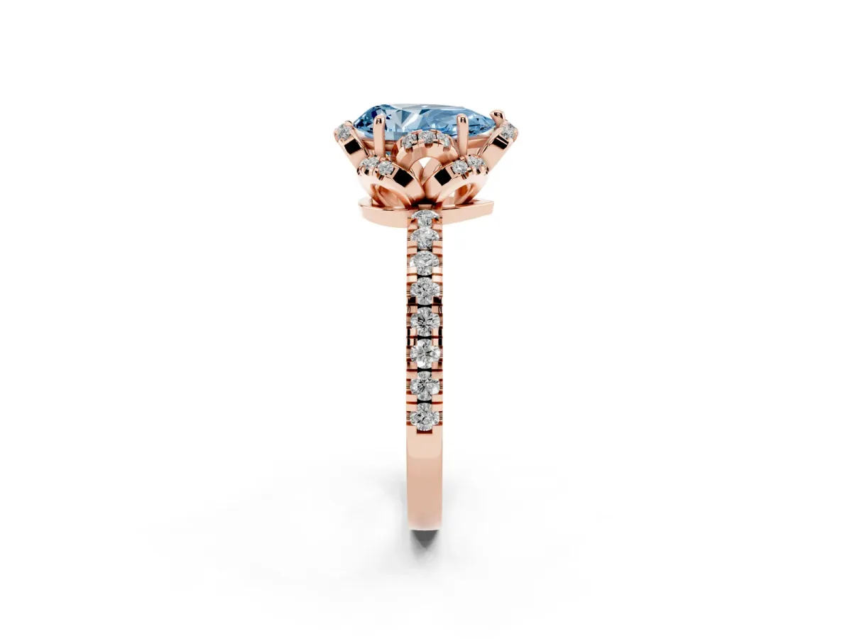 Fancy Blue Pear Cut Halo Diamond Pave Band Ring with Four-Prong Setting Rose gold