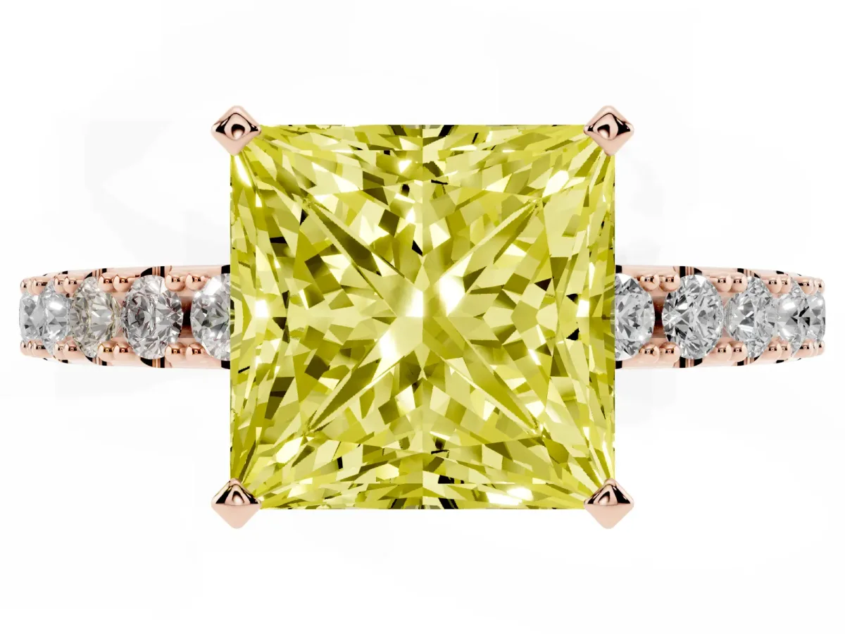 Fancy Yellow Princess Cut Diamond Solitaire Pavé Band with Four-Prong Setting Rose gold